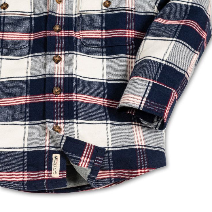 Our hooded button down shirt jacket combines the best of both worlds: soft, brushed flannel and tailored button down details. Features dapper styling such as two front flap packets, a button front closure, and faux suede elbow patches. A jersey lined body and hood keep your guy cozy and warm. He'll be throwing this on for every fall outing! 100% Organic Cotton, exclusive of trims. Jersey lining in the body and hood. Faux suede elbow patches. Machine washable. Hope & Henry is an American company Winter Cotton Shacket With Button Closure, Winter Cotton Shacket With Buttons, Cotton Shacket With Buttons For Winter, Flannel Outerwear With Buttons, Long Sleeve Flannel Outerwear With Buttons, Winter Flannel Outerwear With Snap Buttons, Winter Cotton Shacket With Fleece Lining, Winter Collared Flannel Shirt With Snap Buttons, Long Sleeve Flannel Shacket With Button Closure