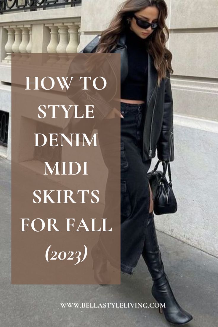 denim skirt and boots outfit Denim Skirt Black Boots Outfit, Black Denim Maxi Skirt Outfit Fall, Denim Midi Skirt And Boots, Black Denim Midi Skirt Outfit Winter, Denim Skirt Black Boots, Black Midi Jean Skirt Outfit, Long Denim Skirt With Boots, How To Style Black Denim Skirt, Midi Jean Skirt Outfits Winter