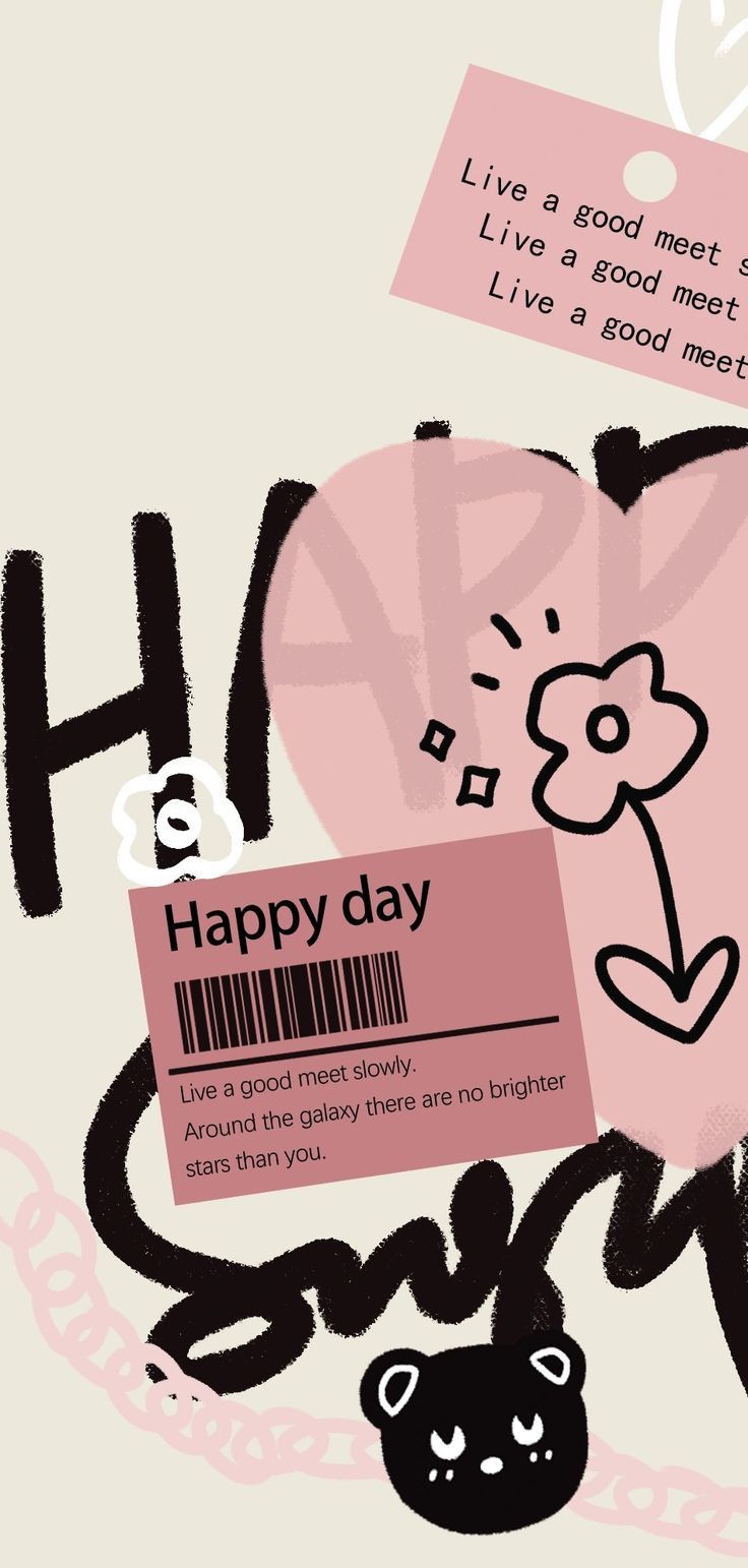 a pink pig with a happy day tag on it's chest and the words happy day written in black ink