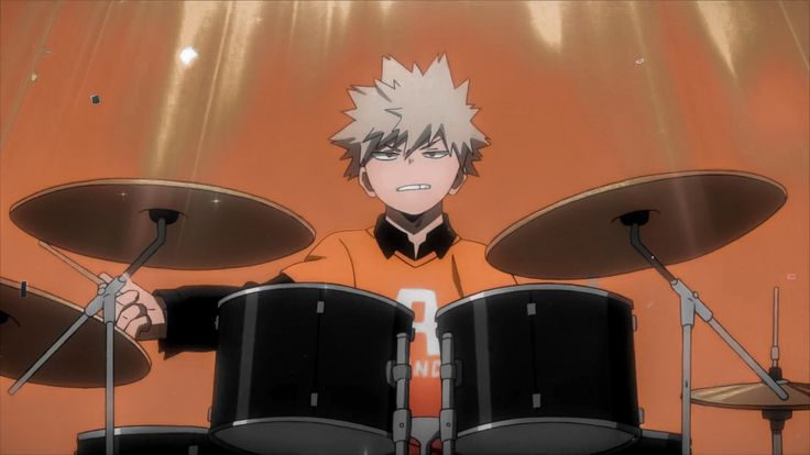 an anime character is playing drums in front of microphones