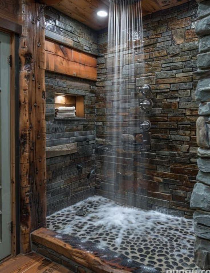 a bathroom with stone walls and a waterfall in the shower head is lit by recessed lighting