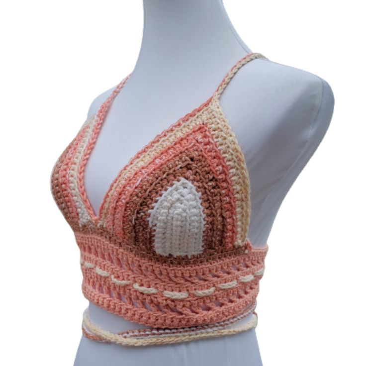 Ombre Peach Corset Cropped Bikini Top Barbiecore Festival Grannycore Size Xl (See Measurements) Multicolored With Sweet Contrasting Cream Chain Ribbon Woven Through Panel (Removable If U Prefer It Plain) Crocheted Cool Cotton Cropped Lace Up Back Bust Size Adjustable With Back Corset Ties Colorways Peach Mocha Cream White Hand Made With Love By Joanie Measurements (Flat Lay) Size C Cup (8" Across Base And 6" Top To Bottom Of Cup) Adjustable Bust 26" To 44" Note Larger Bust Size Will Make Corset Pink Halter Neck Crochet Top For Beach, Pink Halter Neck Crop Top For Beach Season, Orange Crochet Beach Top For Spring, Pink Triangle Top Crop Top For Vacation, Orange Crochet Top For Beach And Spring, Pink Crochet Halter Top For Vacation, Pink Triangle Crochet Top For The Beach, Pink Triangle Crochet Top For Beach, Fitted Pink Crop Top For The Beach