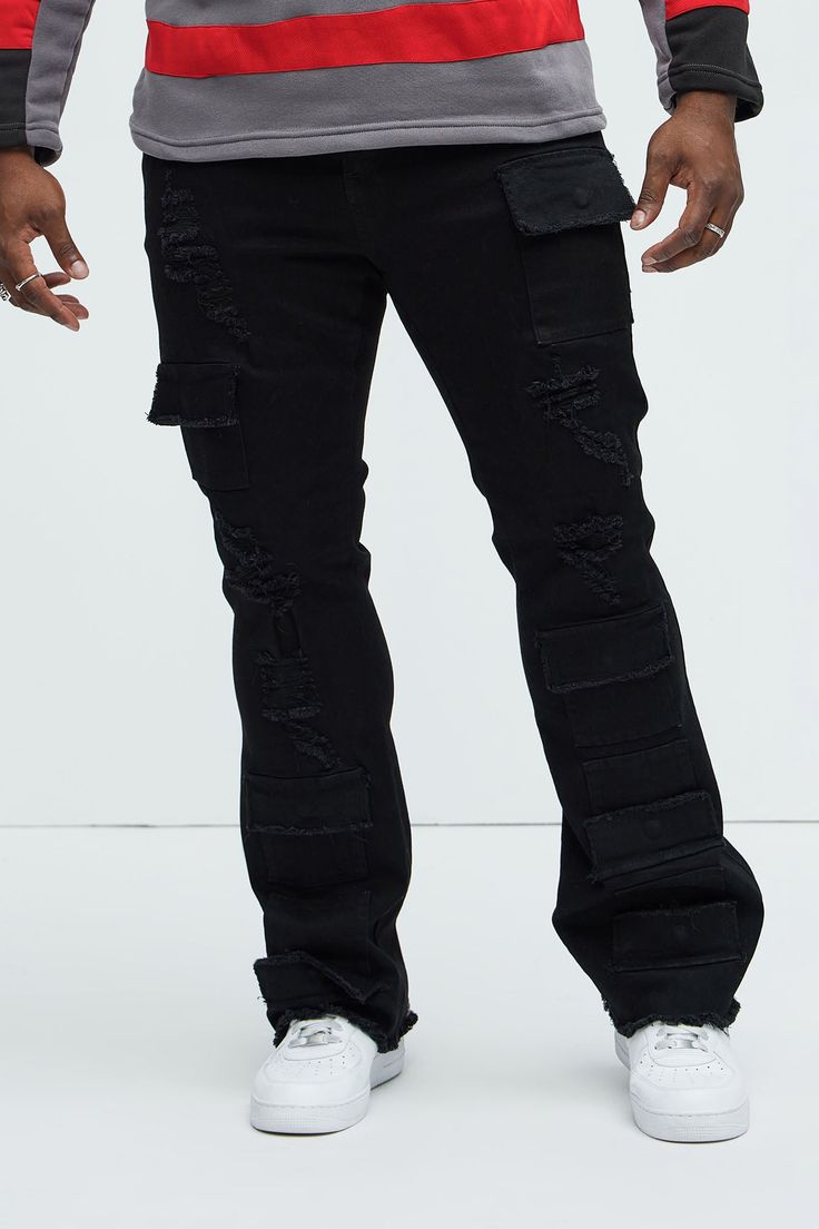 Available In Black. Stacked Skinny Flare Fit Stretch Denim 70% Cotton 28% Polyester, 2% Rayon Disclaimer: Due To The Distressing Process, Each Garment Is Unique. Zip Fly Button Closure Cargo Pockets 5 Pocket Detail Open Hem Imported | Mens Spot On Stacked Skinny Flare Jeans in Black size 40 by Fashion Nova Ripped Fitted Cargo Jeans, Ripped Fitted Casual Cargo Jeans, Fitted Ripped Casual Cargo Jeans, Casual Ripped Fitted Cargo Jeans, Distressed Fitted Straight Leg Cargo Jeans, Fitted Distressed Straight Leg Cargo Jeans, Fitted Straight Leg Distressed Cargo Jeans, Black Ripped Fitted Jeans, Fitted Distressed Dark Wash Cargo Jeans