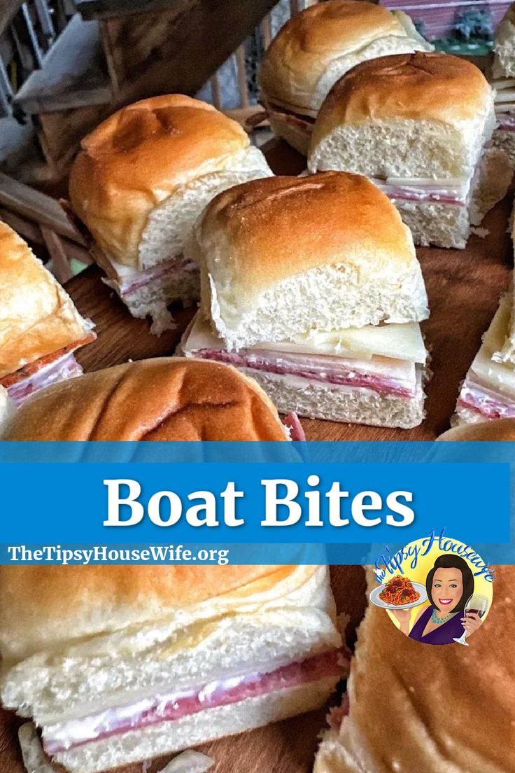 The photo shows little sandwiches made with Hawaiian Dinner roles, cold cuts, cheese and your choice of toppings. The brightly colored banner displays the name of the recipe, "Boat Bites." Easy To Go Sandwiches For Cooler, Hawaiian Roll Sliders Make Ahead, Easy Hawaiian Roll Sandwiches, Make Ahead Hawaiian Roll Sandwiches, Boat Day Sandwiches, Picnic Sliders Hawaiian Rolls Cold, Deli Sliders Cold, Make Ahead Slider Sandwiches, Cold Meat Sliders