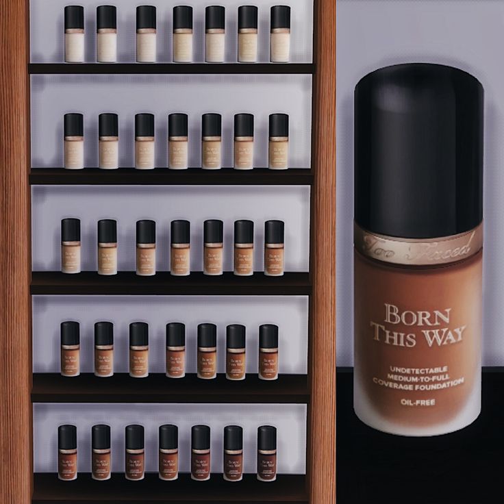 the bottle is next to some shelves with bottles on it and one shelf has many different types of cosmetics