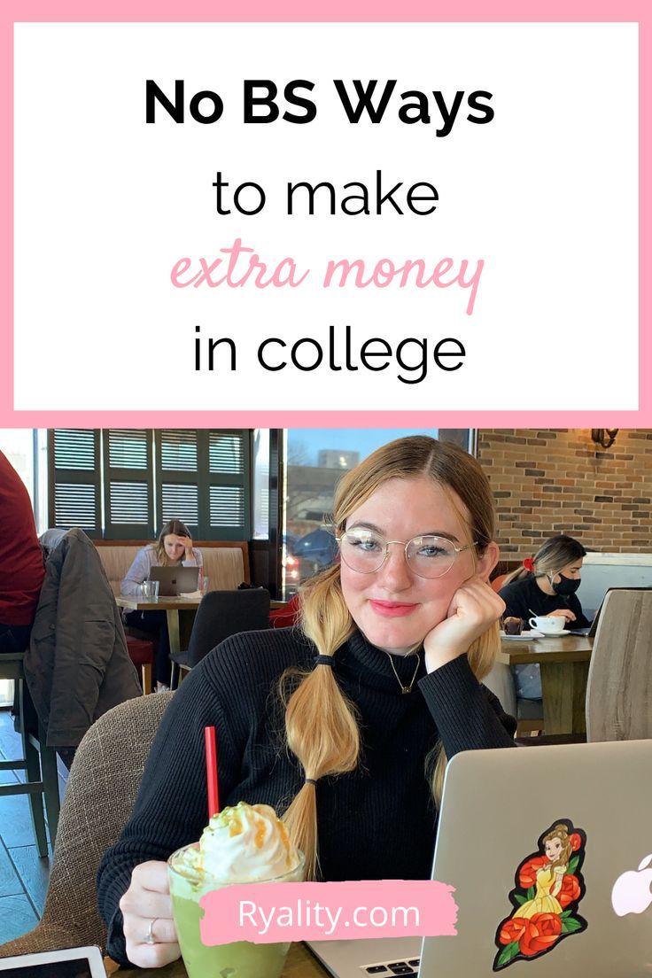 a woman sitting in front of a laptop computer with the words no bs ways to make extra money in college