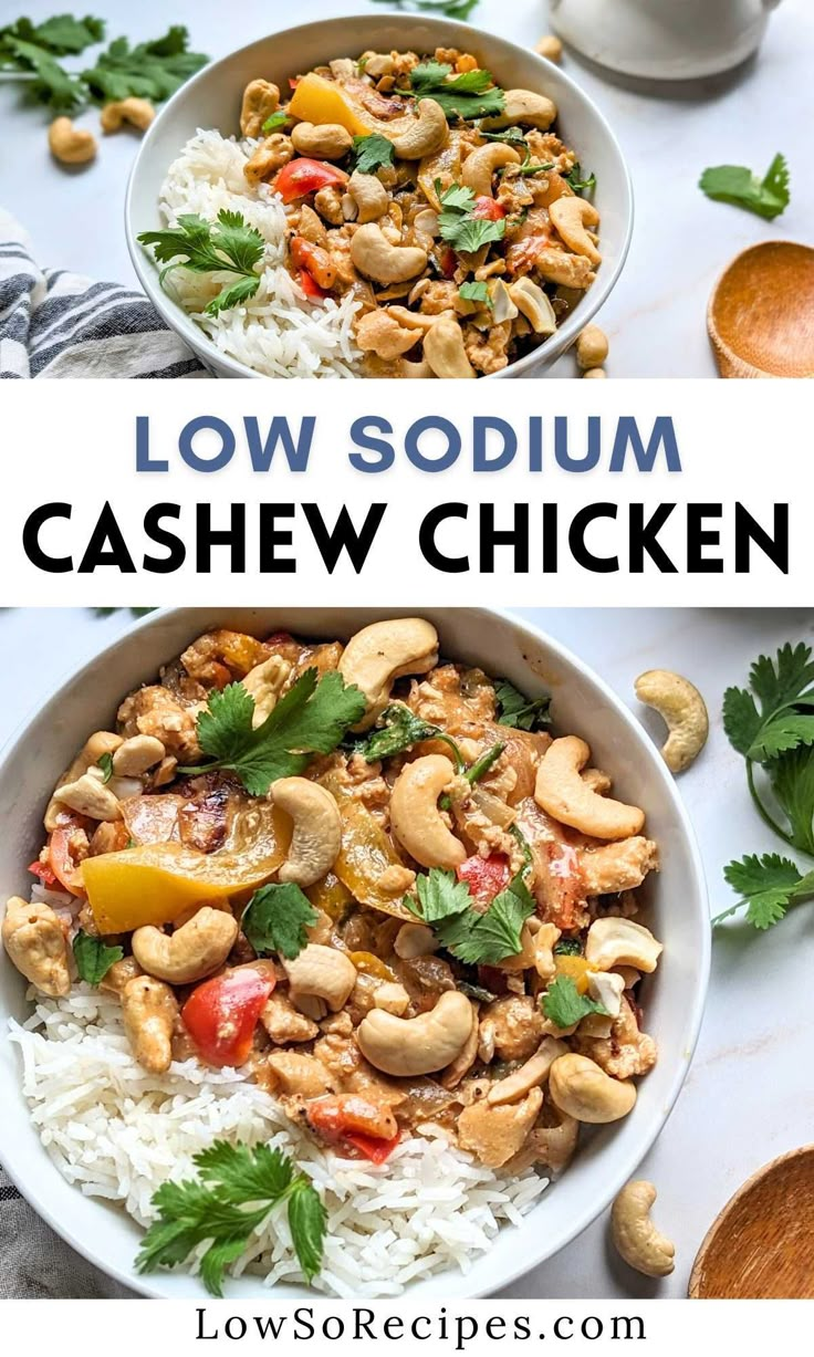 two bowls filled with cashew chicken and rice