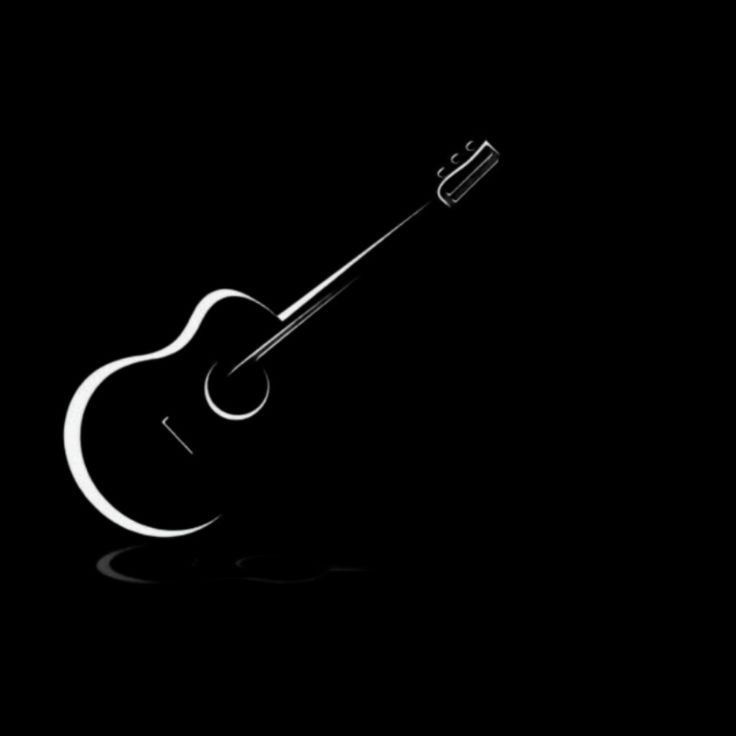 a black and white photo of an acoustic guitar on a dark background with the reflection of it's neck