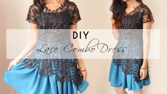 a woman wearing a blue dress with black lace on it and the words diy lace combo dress