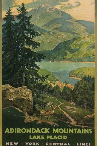 an old poster advertising adirondack mountains lake placid