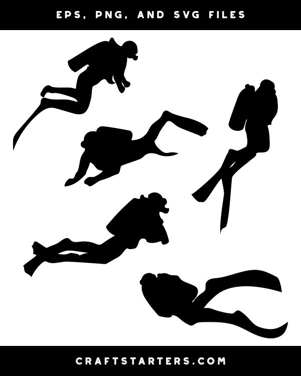 the silhouettes of scuba divers are shown in black and white, as well as an image