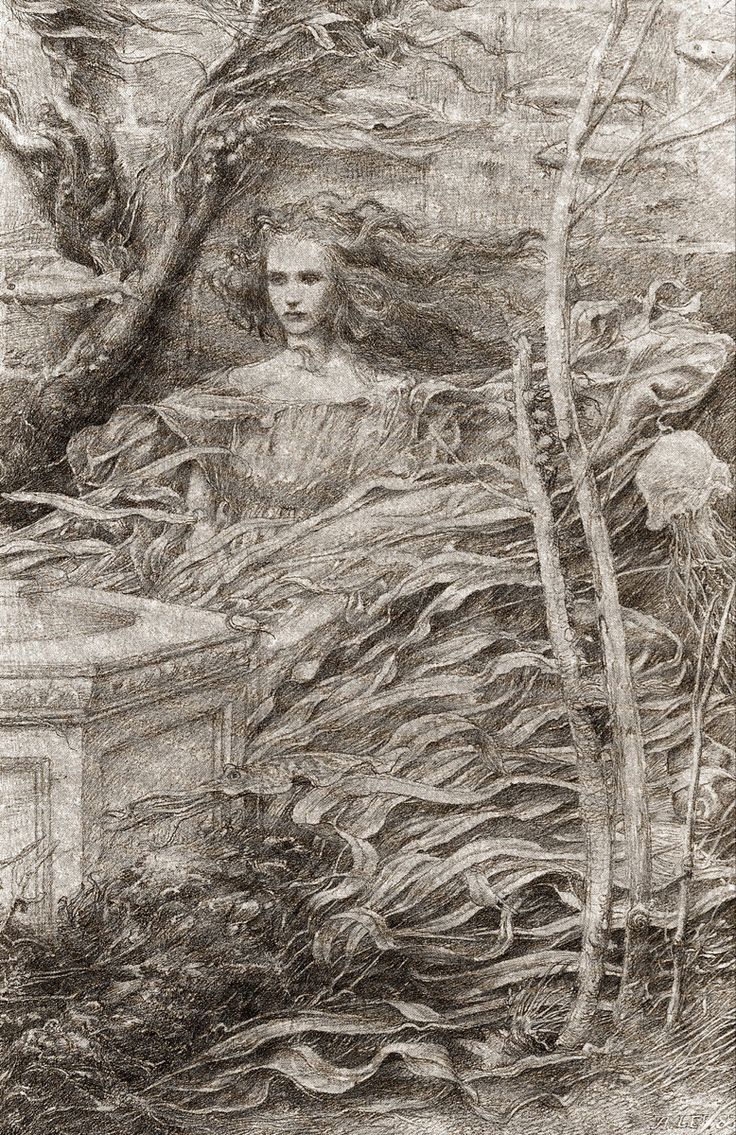 a drawing of a woman in the woods