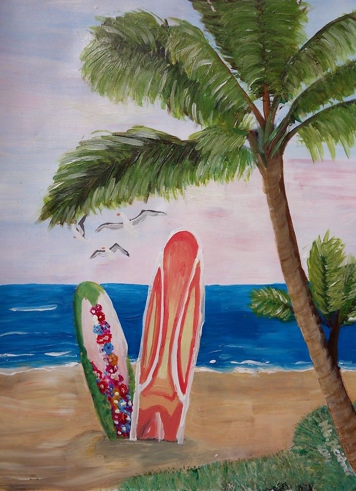 a painting of two surfboards on the beach with palm trees and seagulls