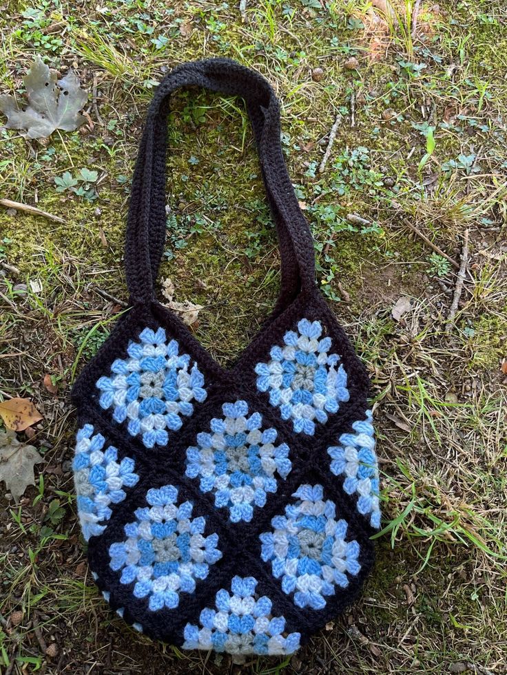 This bag is completely handmade by yours truly and is an unlined shoulder bag. This is a made to order bag and therefore may have a longer order processing time.  The dimensions of the bag are: 12" (30.5 cm) wide x 13" (33 cm) deep. The handles are 12" (30.5 cm) long. Large Handmade Everyday Shoulder Bag, Large Handmade Shoulder Bag For Everyday, Large Everyday Handmade Bags, Handmade Vintage Blue Shoulder Bag, Large Handmade Everyday Bags, Vintage Rectangular Crochet Bag For Everyday, Handmade Tote Shoulder Bag For Everyday, Handmade Blue Hobo Shoulder Bag, Large Casual Handmade Shoulder Bag