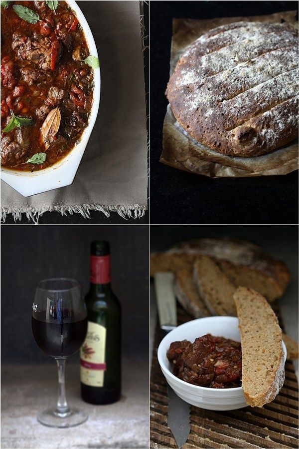 four different pictures with wine, bread and meats in them on the same page