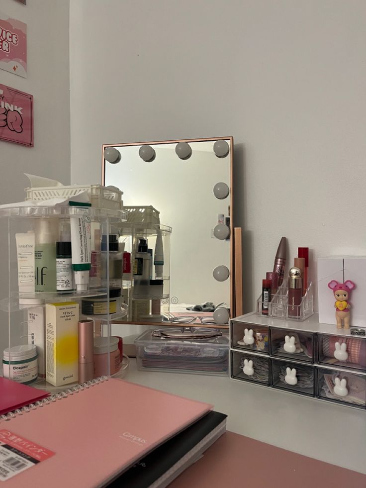 the vanity is full of cosmetics and beauty products