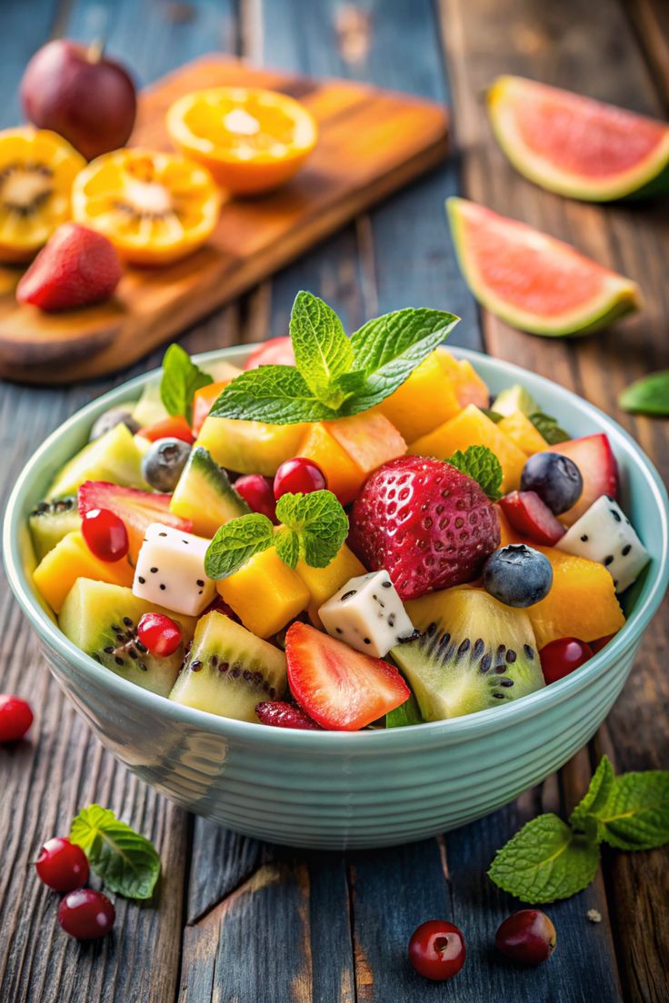 a bowl filled with fresh fruit and mint on top of a wooden table next to sliced oranges