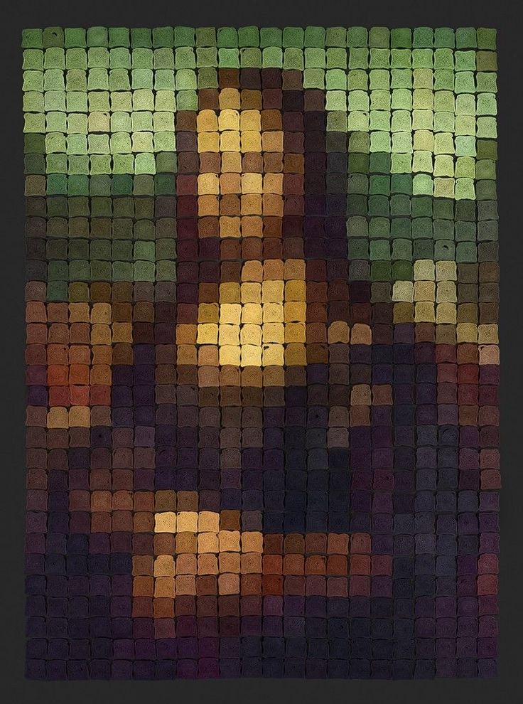 an abstract painting of a man's face with squares in the middle and green background