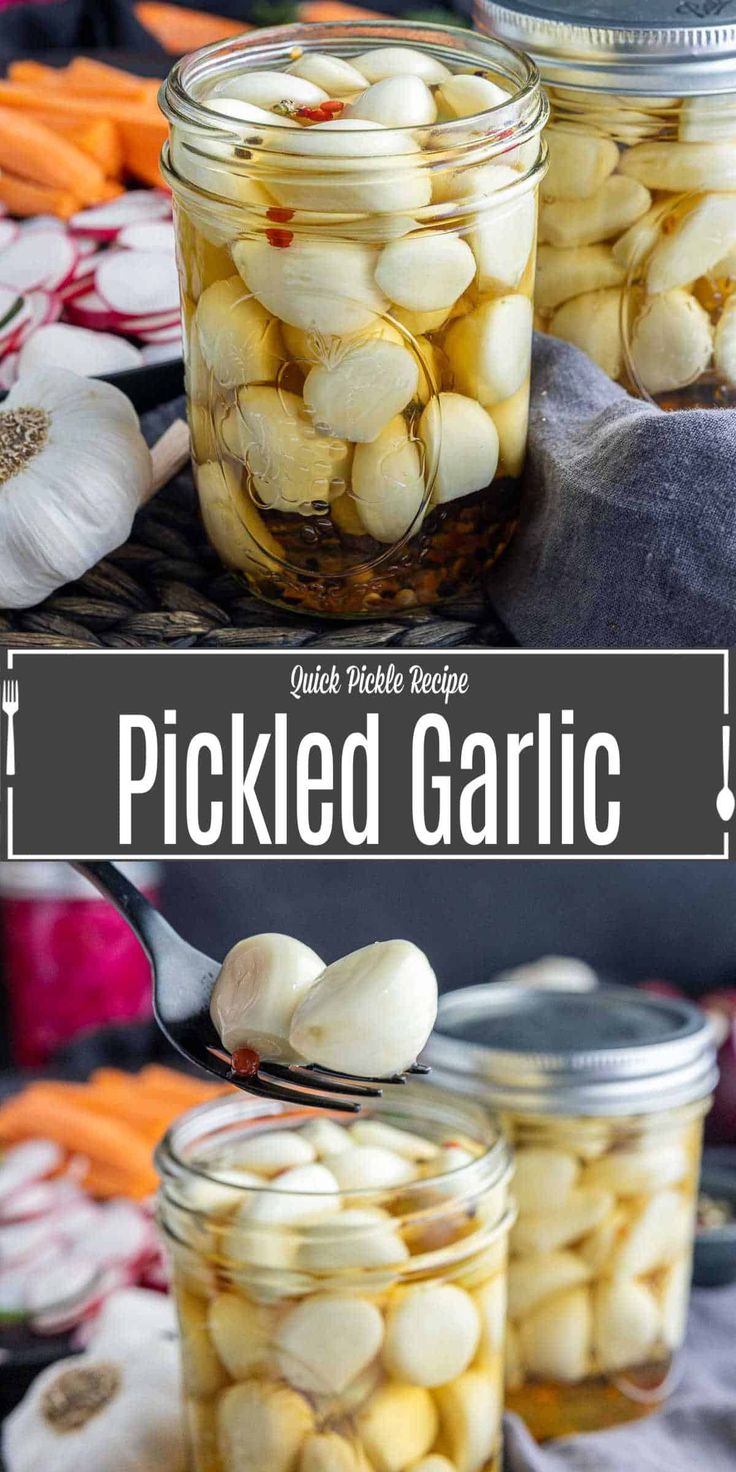 jars filled with pickled garlic on top of a table