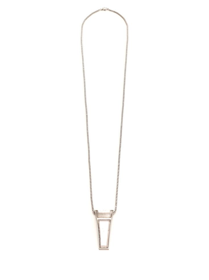 Long necklace with rock crystal pendant from Rick Owens. Modern Silver Chain Pendant Jewelry, Modern Silver Pendant Chain Jewelry, Modern Necklace With Rectangular Pendant And Box Chain, Elegant Clear Teardrop Pendant Necklace, Modern Square Pendant Necklace With Polished Finish, Modern White Gold Jewelry With Detachable Pendant, Modern Teardrop Pendant Necklace, Modern Necklace With Silver Chain And Rectangular Pendant, Modern Sterling Silver Necklace With Detachable Pendant