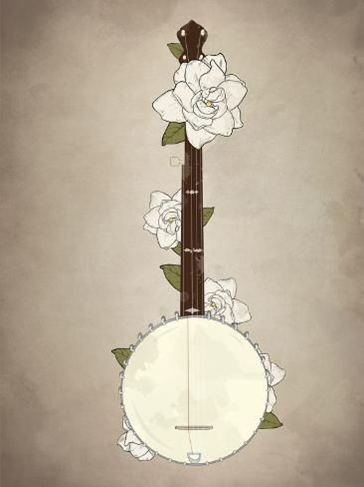 a drawing of a guitar with flowers on the neck and an instrument in the middle