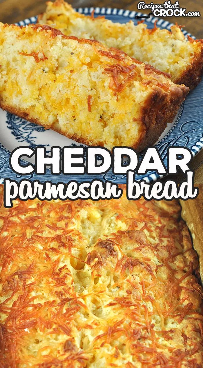 cheddar parmesan bread on a blue and white plate with text overlay