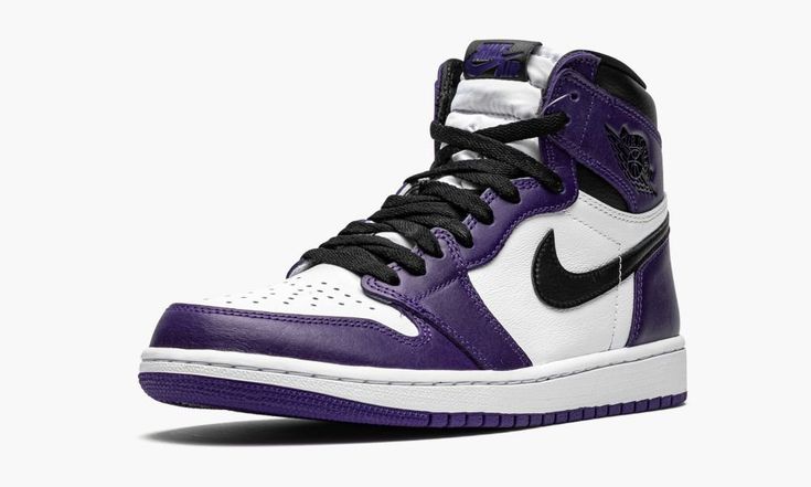 The Air Jordan 1 “Court Purple” features a positively regal color scheme as part of Jordan Brand’s continuous efforts in producing coveted non-original Jordan 1 colorways.  The Air Jordan 1 “Court Purple” uses a familiar formula in the line’s design history, as purple leather overlays across the upper contrast a clean white leather base.  A black Swoosh hit on the mid-panel and black Wings logo on the collar are standard-issue Jordan 1 design elements.  Jordan Brand completes the look with a whi Jordan 1 Colorways, Air Jordan 1 Court Purple, Jordan 1 Court Purple, Clean White Leather, All Jordans, Air Jordan 1 Mid Se, Nike Air Jordan 1 Mid, High Court, Wings Logo