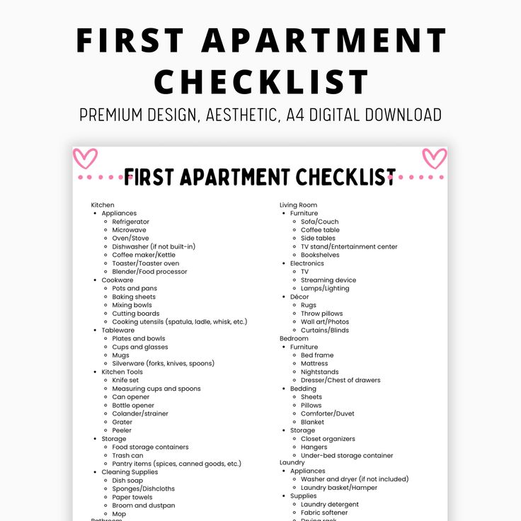 the first apartment checklist is shown in pink and white, with hearts on it