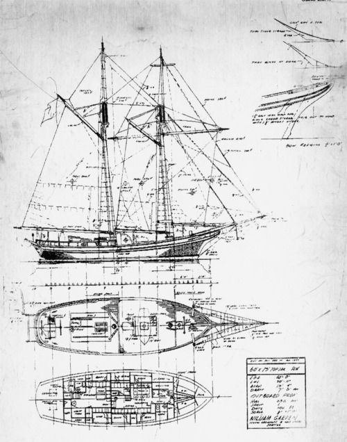 a drawing of a sailboat with blueprints on the front and back sides