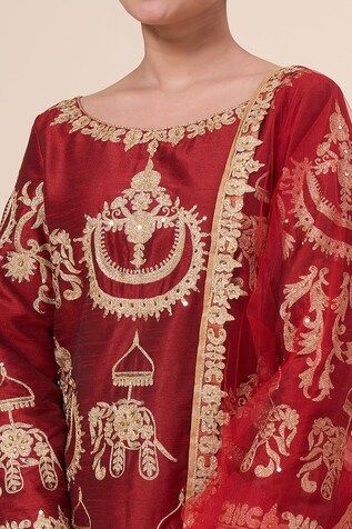 Maroon kurta with aari thread embroidered elephant motifs and sequin embellishments. Comes with salwar and dupatta. - Aza Fashions Traditional Slub Silk Palazzo Set With Resham Embroidery, Gold Embroidered Slub Silk Sets, Festive Embroidered Slub Silk Palazzo Set, Embroidered Gold Slub Silk Sets, Diwali Kurta With Intricate Embroidery In Slub Silk, Diwali Slub Silk Kurta With Intricate Embroidery, Embroidered Raw Silk Palazzo Set For Transitional Season, Embroidered Silk Palazzo Set For Festive Season, Embroidered Slub Silk Kurta For Festivals