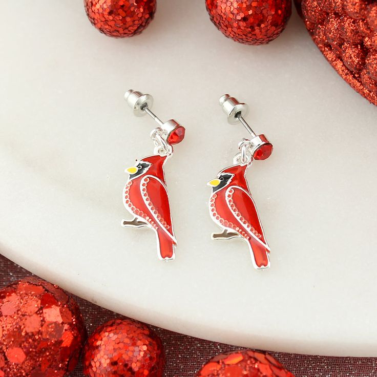 Cardinal Earrings Enamel Jewelry With Bird Design For Gifts, Bird Design Enamel Jewelry Gift, Cardinal Design, Christmas Cardinals, Rose Jewelry, Hook Earrings, Silver Plate, Silver Tone, Drop Earrings