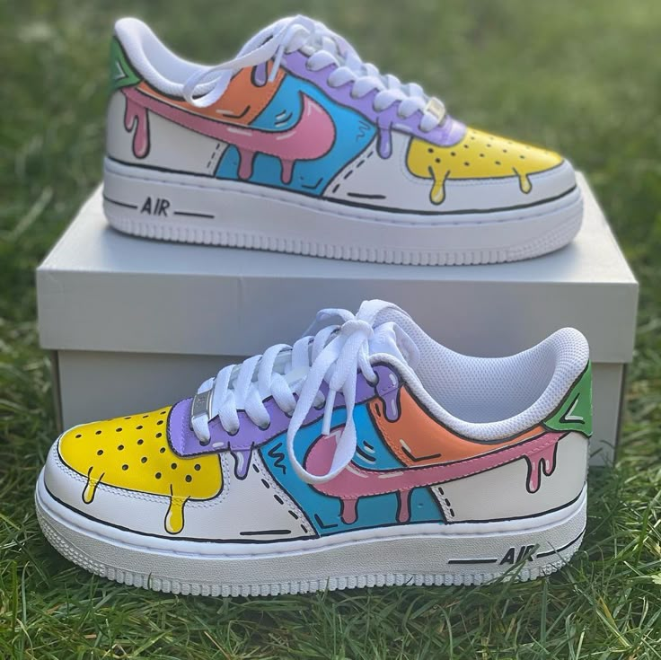 Cartoon Drip Custom Air Force 1’s-shecustomize Kasut Nike, Painted Shoes Diy, Painted Nikes, Custom Sneakers Diy, Shoe Painting, Shoes Air Force, Custom Painted Shoes, Diy Sneakers, Custom Shoes Diy