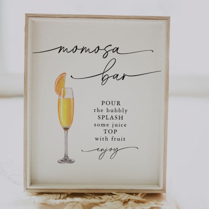 a framed sign with a glass of champagne on it's side and the words mosmoya bar written in cursive writing