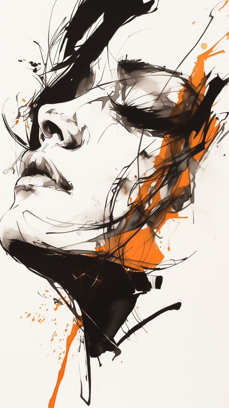 a drawing of a woman's face with orange and black paint splatters