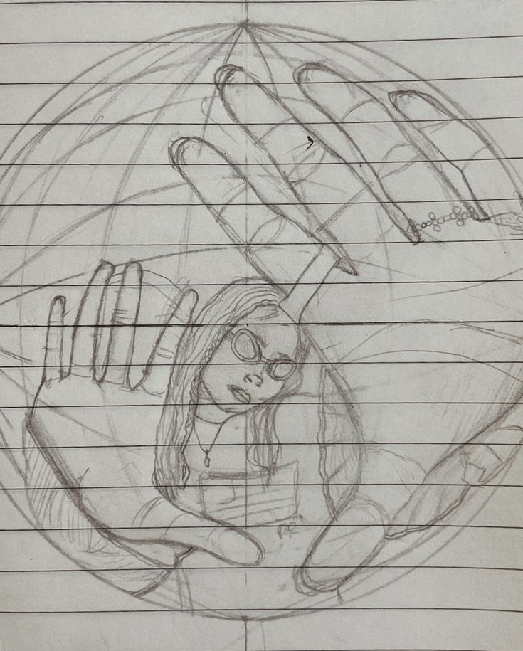 a pencil drawing of a hand holding a ball on top of a piece of paper