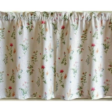 The heavyweight fabric is a white color with spring flowers in an allover print. The bottom tier is sold in 2 lengths so choose from the 24" long pair or the 36" long pair. The swag top and valance are sold separately. Size: Standard.  Color: Red. Basement Window Curtains, Vintage Kitchen Curtains, Country Valances, Short Window Curtains, Kitchen Window Valances, Valances For Living Room, Bathroom Window Curtains, Kitchen Window Curtains, Small Window Curtains