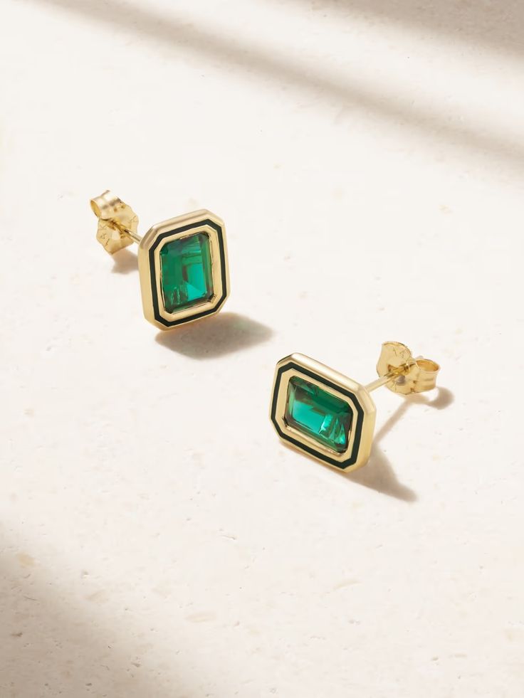 ALISON LOU Madison 14-karat gold, laboratory-grown emerald and enamel earrings | NET-A-PORTER Classic 14k Gold Gemstone Earrings, Classic May Birthstone Jewelry Tarnish Resistant, Classic May Birthstone Jewelry, Gold Emerald Cut Emerald Earrings, Classic 14k Gold Earrings For May Birthstone, 14k Gold Jewelry With Emerald Cut Matching Earrings, Timeless Hallmarked Earrings As Gift, Yellow Gold Jewelry With Matching Earrings For May Birthstone, Classic Gold Emerald Cut Earrings