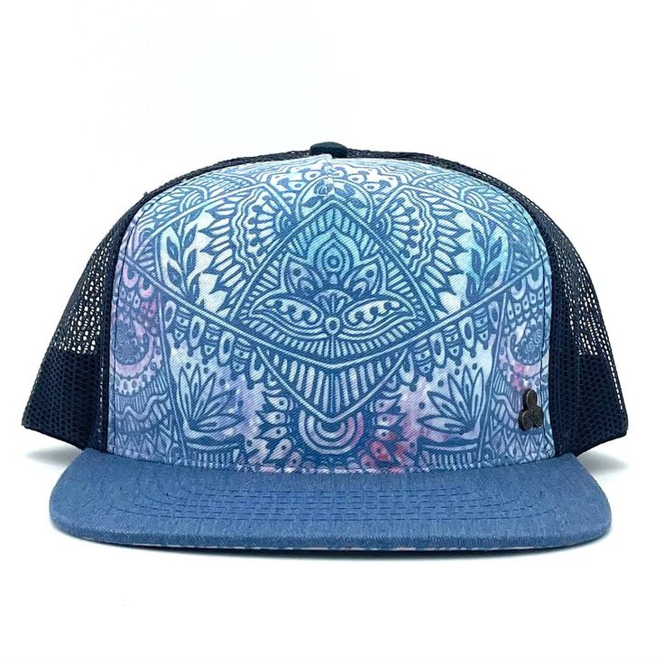 Five-panel low-profile graphic print Zen Doodle Trucker Hat for men and women. Hand drawn mandala artwork. Made from organic cotton and recycled polyester fabrics. Inspirational quote inside. Adjustable with mesh back. Designed by Gypsy and Lolo in Northern California. Shop sustainable gifts and trucker hats. Color navy. Adjustable Graphic Print Hat With Curved Bill, Adjustable Flat Bill Hat With Graphic Print, Adjustable Curved Bill Hat With Graphic Print, Adjustable Flat Bill Trucker Hat For Festivals, Casual Blue Trucker Hat For Festival, Adjustable Flat Bill Snapback Hat For Festival, Adjustable Trucker Hat With Graphic Print And Curved Brim, Festival Snapback Hat With Flat Bill, Adjustable Snapback Hat With Graphic Print And Flat Bill