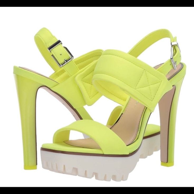 Brand New In Box Modern Yellow High Heel Sandals, Modern Yellow Open Toe Heels, Yellow Open Heel Synthetic Sandals, Modern Yellow Sandals For Party, Modern Yellow Party Sandals, Modern Yellow Sandals With Open Heel, Yellow Platform Sandals With Open Heel, Neon Yellow Ankle Strap Sandals For Summer, Neon Yellow Ankle Strap Sandals For Spring