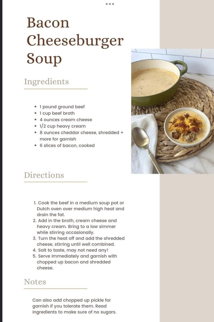 the recipe for bacon cheeseburger soup is shown