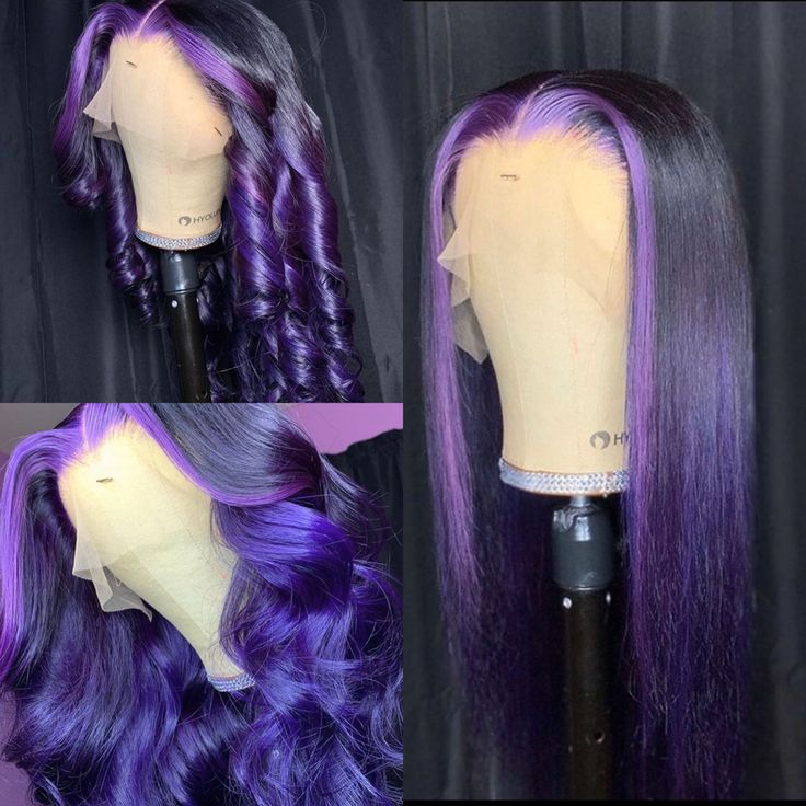 Purple Prom Hairstyles, Purple And Black Lace Front Wig, Purple Human Hair Wig, Dark Purple Frontal Wig, Purple Wigs On Dark Skin, Purple Wig Ideas, Purple Sew In Weave Black Women, Black Wig With Purple Highlights, Purple Wig Outfit