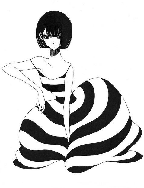 a black and white drawing of a woman in a striped dress sitting on the floor