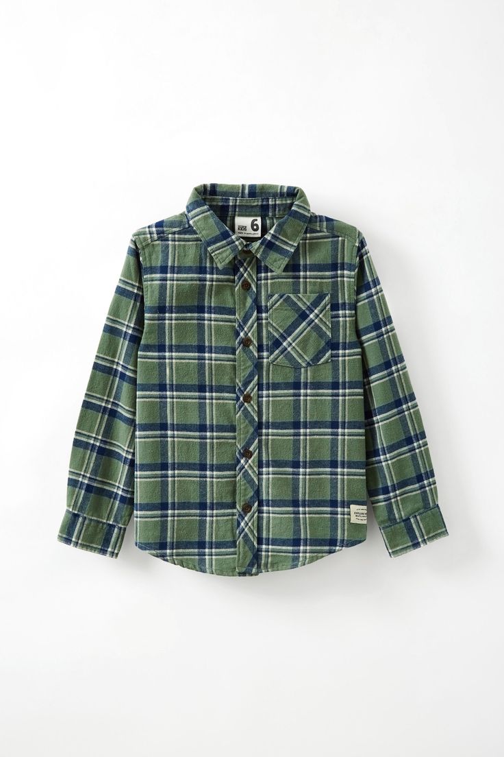 Take a leaf out of dad's wardrobe with this timeless rugged long sleeve shirt. it's the ultimate long sleeve shirt for any wardrobe, and can be dresses up with chinos or kept casual with jeans and sneakers. The woven fabric is warm and you can layer a t s

Features:  

 -  Long Sleeve  
 -  Collar  
 -  Patch Pocket  
 -  Button Front 
 -  Relaxed Fit
Composition: Cotton 100% Green Flannel Shirt With Button Closure For Fall, Green Long Sleeve Flannel Shirt With Button Closure, Green Collared Flannel Shirt For Fall, Winter Plaid Long Sleeve Shirt, Spring Long Sleeve Flannel Shirt, Green Button-up Flannel Shirt For Winter, Plaid Long Sleeve Flannel Shirt With Button Closure, Green Button-up Winter Shirt, Green Winter Button-up Flannel Shirt