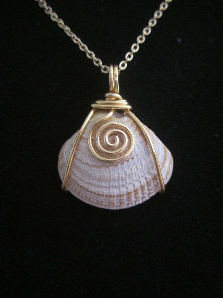 a shell with a spiral design on it sitting on a black surface, in front of a chain