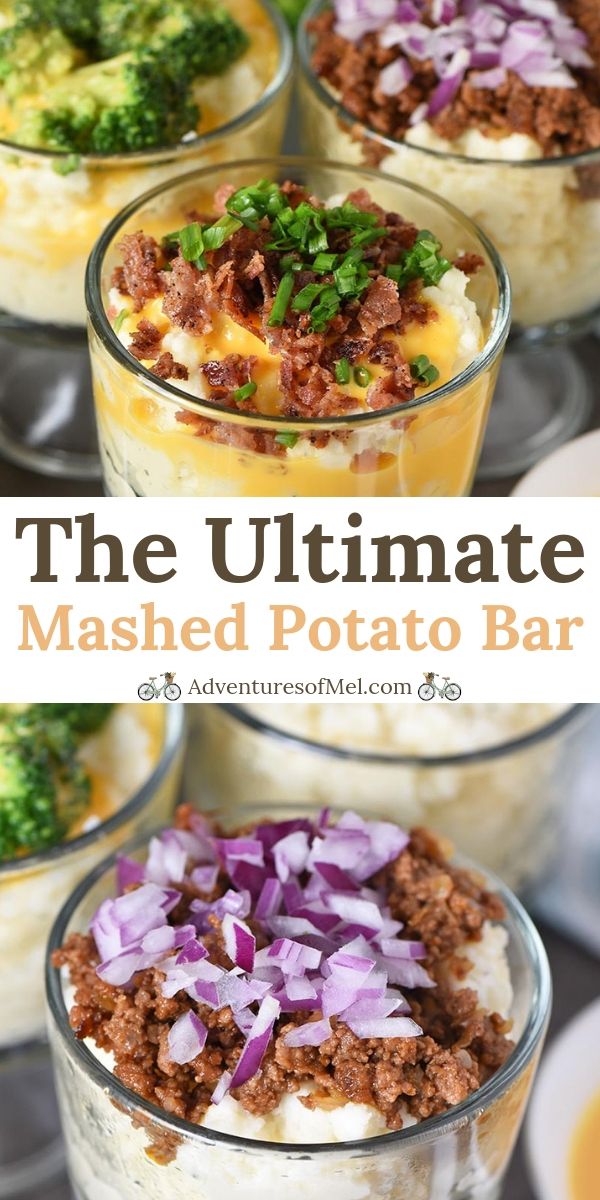 the ultimate mashed potato bar is ready to be served in glass dishes with onions and broccoli