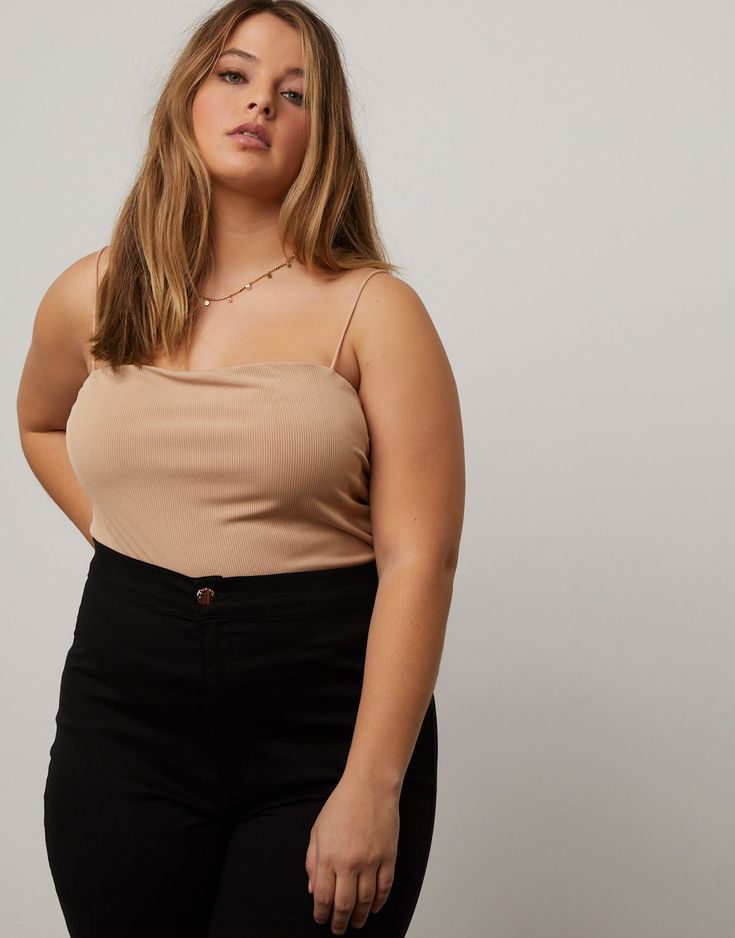 Curve Cropped Tank Top Plus Size Tops Khaki 1XL -2020AVE Plus Size Juniors, Plus Size Light Skin Women, Best Photo Angles For Plus Size, Croped Plus Size, Outfit Building, Plus Size Cropped, Best Jeans For Women, Girls Crop Tops, Strap Tank Top