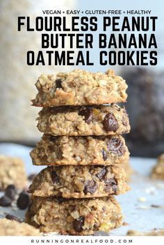 four oatmeal cookies stacked on top of each other with text overlay reading flourless peanut butter banana oatmeal cookies