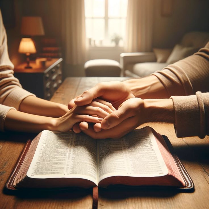 two people holding hands over an open book on a wooden table in front of a window