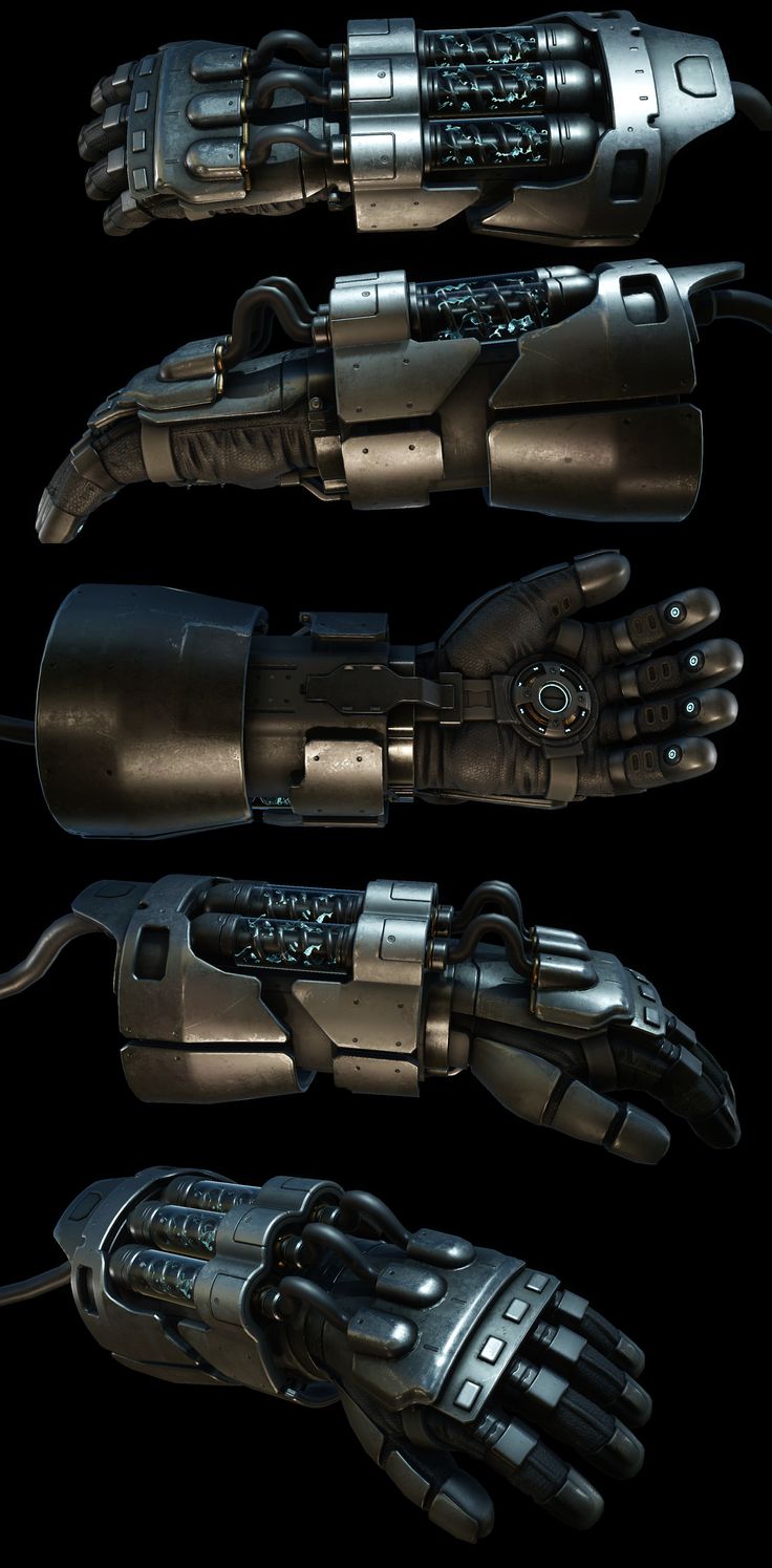 four different types of robotic hands on a black background