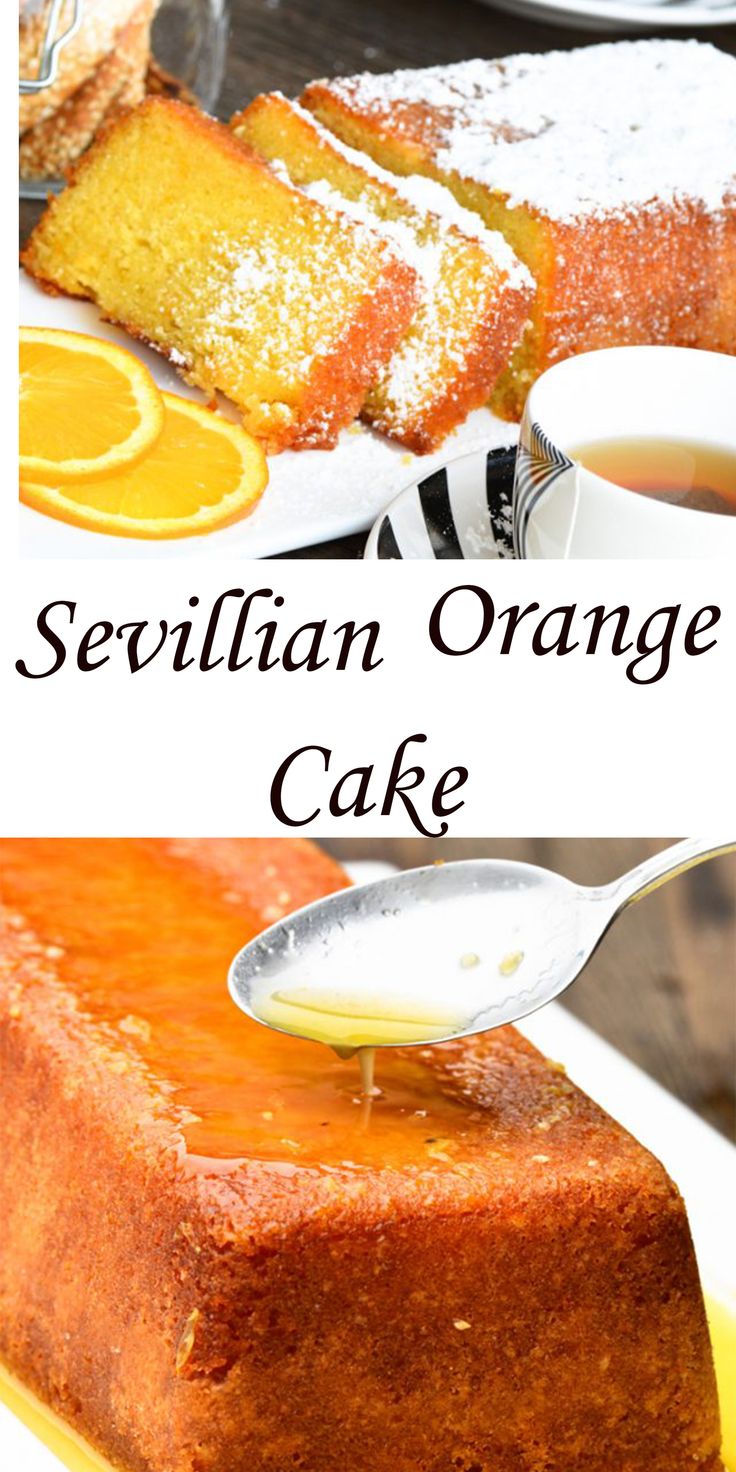 two pictures of orange cake with powdered sugar on top and serving spoons in the foreground